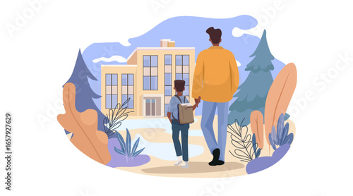 Back to school parent and child walking together modern school building nature background colorful foliage outdoor education concept website banner