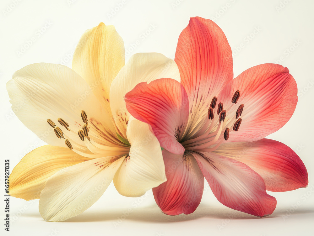 Obraz premium Two vibrant lilies, one soft yellow and other pink, are beautifully displayed against white background. delicate petals and intricate details of stamens create harmonious and elegant composition