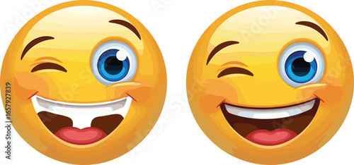 Happy winking emoji face, smiling yellow emoticon, cheerful expression vector, playful cartoon smiley, positive emotion, digital icon design