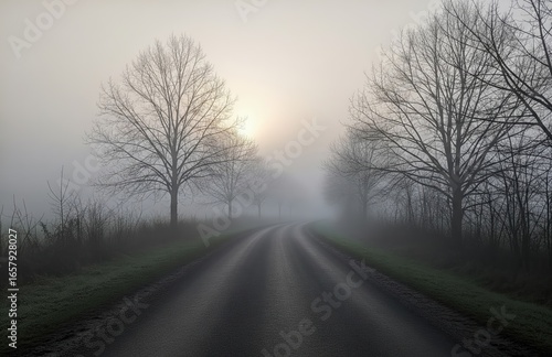 Misty morning road fading into fog among bare trees and faint golden sunlight on horizon