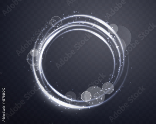 Silver light ring round, white glitter neon circle, grey energy ring frame. Curve light effect. Abstract vector flare. Vector illustration.