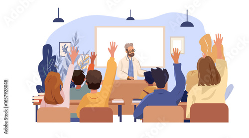 Classroom teacher students raising hands learning education modern school interior desks books whiteboard plants lamps