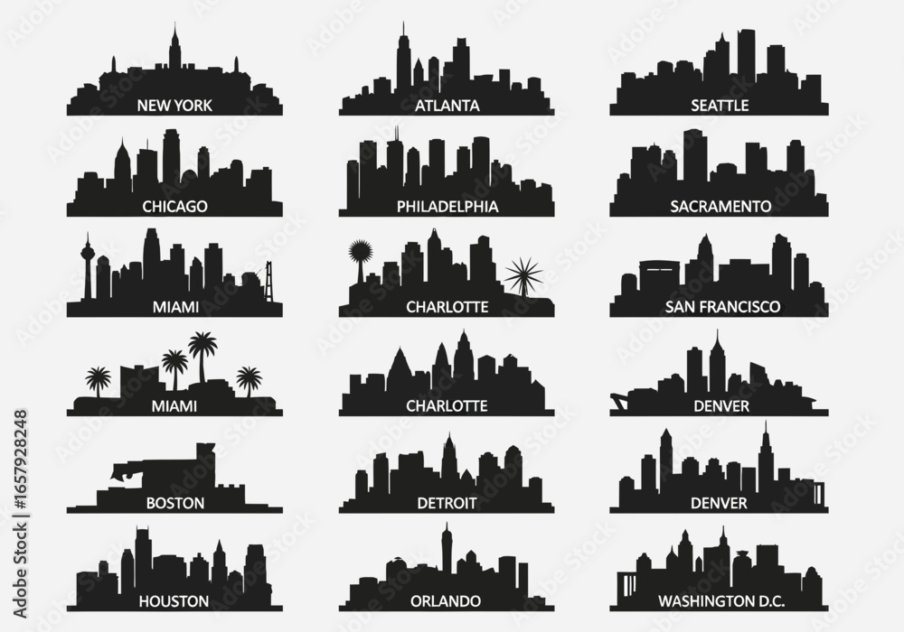 Obraz premium Silhouette illustrations of various city skylines including New York, Atlanta, Seattle, Chicago, Philadelphia, Sacramento, Miami, Charlotte, San Francisco, B...