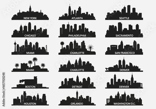 Silhouette illustrations of various city skylines including New York, Atlanta, Seattle, Chicago, Philadelphia, Sacramento, Miami, Charlotte, San Francisco, B...