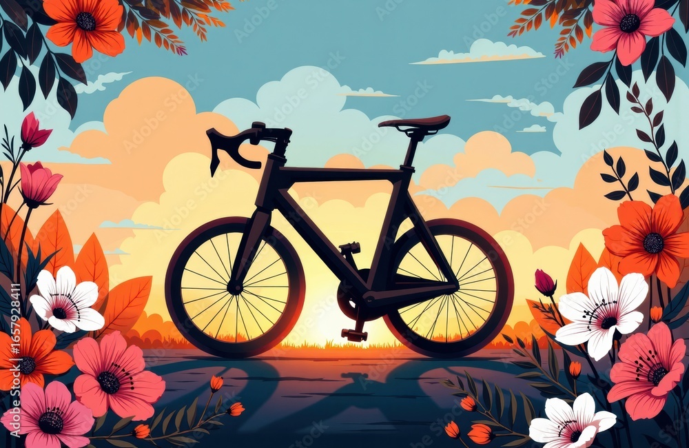 Fototapeta premium Bicycle silhouette against sunset sky with colorful flowers and clouds