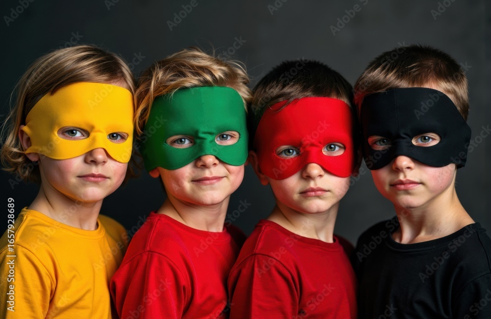Fototapeta premium Four children wearing colorful superhero masks and matching shirts stand together against a dark background