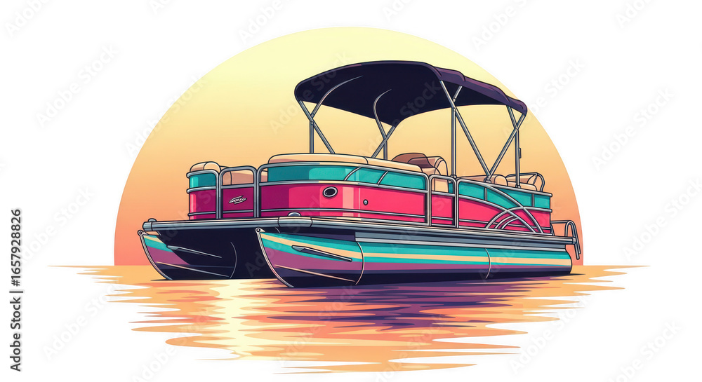 Naklejka premium Vibrant pontoon boat moored on calm water reflecting sunset colors during golden hour transparent background