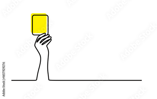 continuous line art of a hand holding a yellow card. concept of a warning for a foul in a match