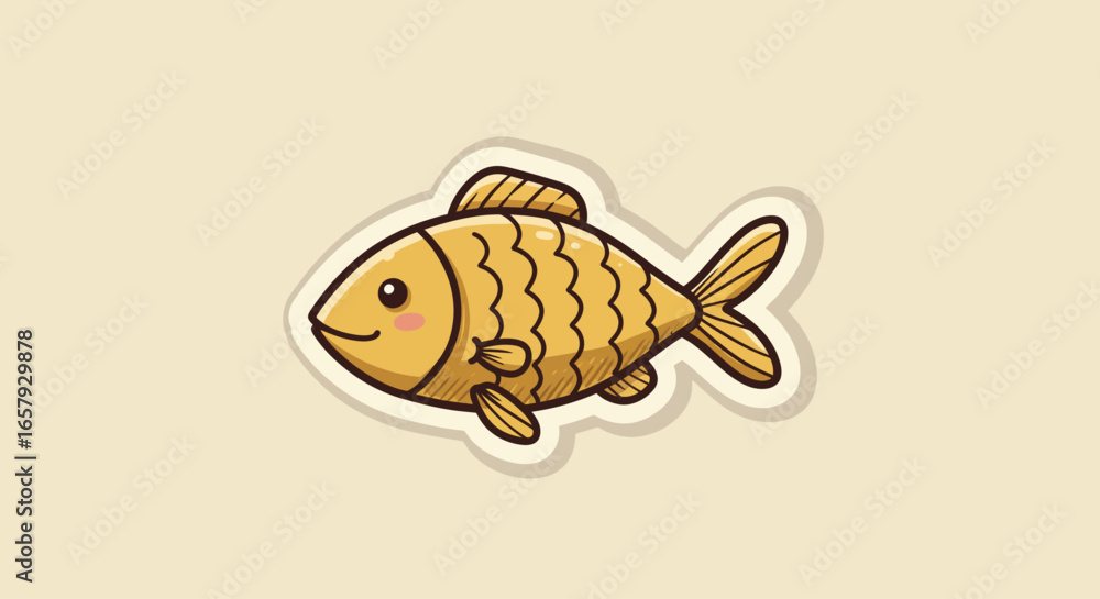 Obraz premium A Whimsical Illustration of a Charming Golden Fish with Detailed Scales and a Friendly Expression on a Subtle Beige Background