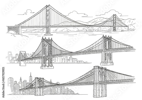 Three suspension bridges are illustrated in a detailed sketch, including the Golden Gate, Manhattan, and Brooklyn bridges with cityscapes.