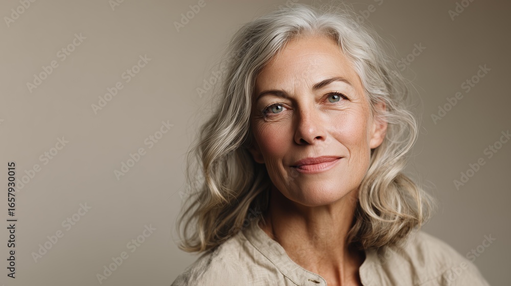 A serene close-up of an older woman with silver hair and a warm smile, exuding confidence and grace. A serene close-up of an older woman with silver hair and a warm smile, exuding confidence and grace.