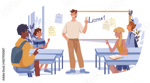 Back to school classroom teacher students learning modern classroom interior diverse children desks whiteboard casual atmosphere educational concept landing page