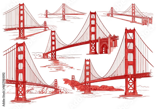Illustration of the Golden Gate Bridge in various perspectives, rendered in a red line drawing style on a white background.