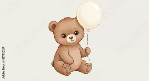 Adorable fuzzy teddy bear sitting and holding a single white balloon with bright eyes and rosy cheeks a simple charming illustration for children's books or nursery decor