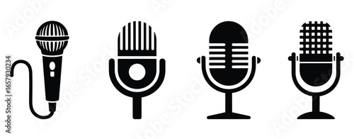 Vector art of four microphone icons showcasing retro and modern designs, each representing audio recording and broadcasting, , perfect for various media projects
