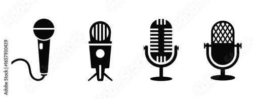 Vector art of four microphone icons displaying retro and modern designs, each symbolizing audio recording and broadcasting, , suitable for diverse media projects