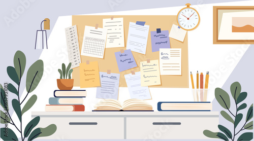 Study desk back to school organization workspace books stationery corkboard clock plants wall art modern home office decor