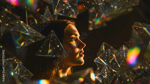 Ethereal Woman with a Reflective Crystal Headdress, Representing Spirituality, Inner Reflection, and Mystical Beauty