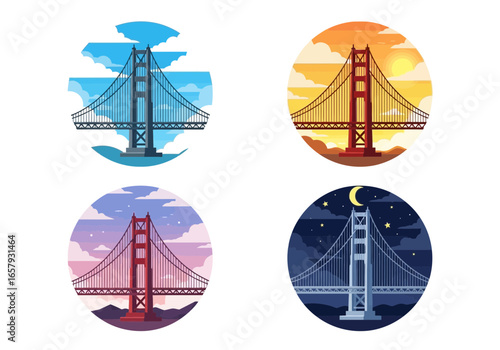Four circular illustrations depicting the Golden Gate Bridge at different times of day: morning, noon, evening, and night.
