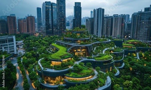 Sustainable urban design featuring eco-friendly elements, such as green roofs, energy-efficient buildings, and renewable energy sources, emphasizing the importance of sustainability, Generative AI