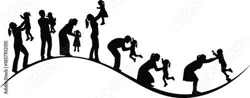 Silhouettes of Adults and Children Interacting in Playful Poses – Family Bond Vector Illustration Along Curved Line on White Background