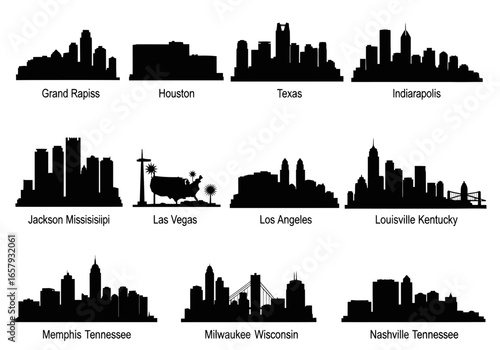 Silhouette illustrations of city skylines including Grand Rapids, Houston, Las Vegas, Los Angeles, and Nashville, against a white background.