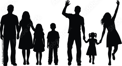 Silhouettes of Adults and Children Holding Hands – Vector Illustration of Family, Community, and Togetherness on White Background