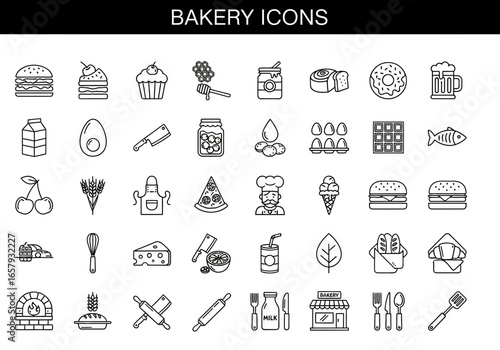 A collection of bakery and food-related icons in a simple, black and white outline style, arranged in a grid pattern.