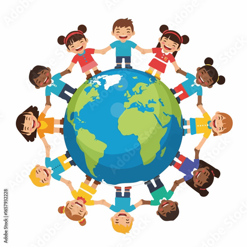 Happy multicultural children holding hands in a circle around the planet Earth, symbolizing global unity and friendship.