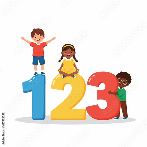 Cheerful multiethnic kids playing on top of large, colorful 123 block numbers.