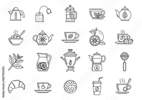 A collection of line art illustrations depicting various tea-related items, including teapots, cups, tea bags, and other accessories.