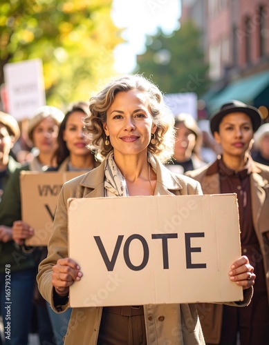 Women marching, holding signs