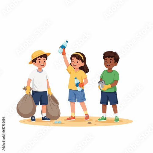 Group of diverse children volunteers cleaning up, collecting plastic bottles and trash in bags.
