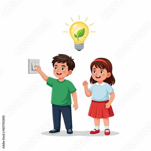 Happy cartoon boy turning off light switch next to a smiling girl, with a glowing green leaf lightbulb above.