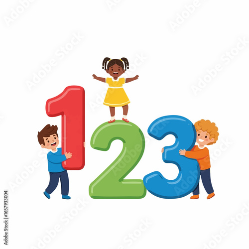 Happy diverse cartoon children learning to count with large colorful numbers 1, 2, and 3.