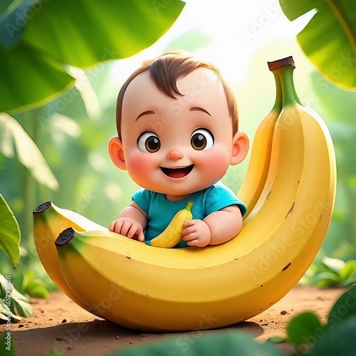 Happy Baby Sitting in a Banana Shell