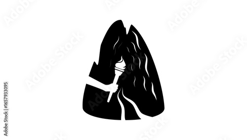cave and a torch in hand, black isolated silhouette