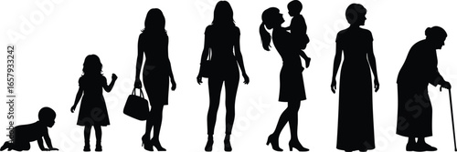 Silhouettes of Female Life Stages – Vector Illustration from Infancy to Old Age Depicting Growth, Motherhood, and Aging Journey