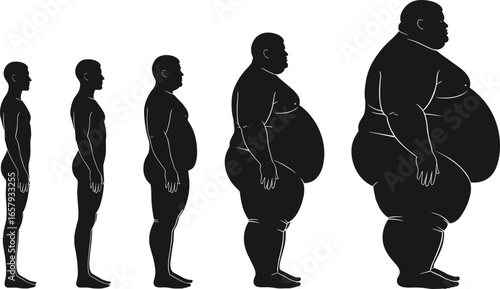 Silhouettes of Human Body Shapes in Profile – Vector Illustration of Weight Gain, BMI Progression, and Physical Diversity