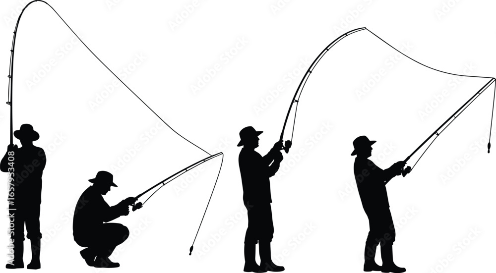 Obraz premium Silhouettes of People Fishing – Vector Illustration of Outdoor Leisure, Casting Poses, and Fishing Rod Techniques on White Background
