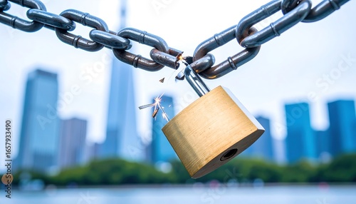Broken lock on chain, city backdrop