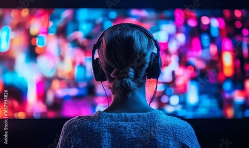 Media streaming concept, showing a person wearing headphones against a vibrant, colorful screen, symbolizing immersion in multimedia content. This image highlights the evolving, Generative AI