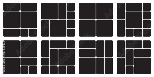 Bento grid vector square layouts. Geometric tiles pattern for photo collage, website layout, etc. Trendy tiling frames arrangements and presentation templates for social media.