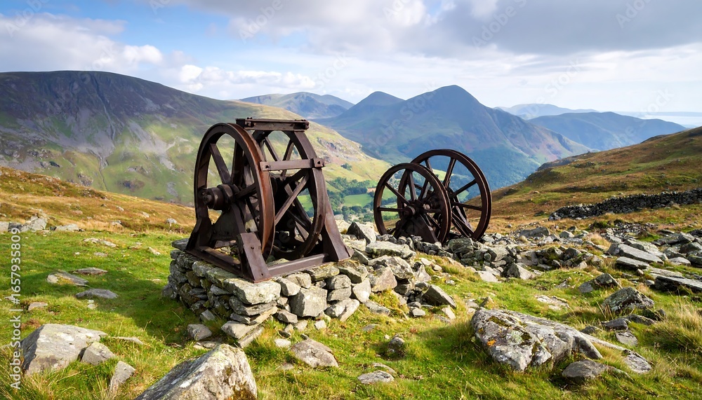 Fototapeta premium Rusty Mining Wheels in a Scenic Mountain Landscape.
