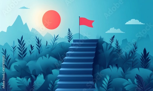 Concept of growth, illustrated by upward steps leading towards a flag at the top, symbolizing achievement, progress, and success. This visual represents the journey towards personal, Generative AI