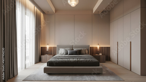 Modern bedroom with a large bed soft lighting and elegant curtains