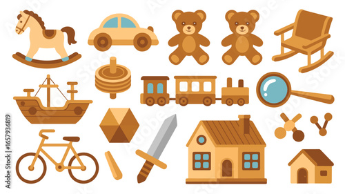 A Variety of Wooden Toys Including A Rocking Horse A Toy Car Two Teddy Bears A Rocking Chair A Sailboat A Train A Bicycle A House And A Magnifying Glass