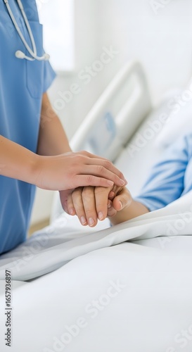 Comforting Touch A Healthcare Professional's Gentle Hand Holding the Patient's Hand in a Hospital Room, Offering Support and Compassion, Representing Patient Care and Empathy
