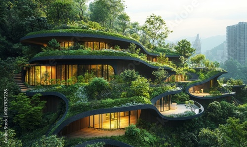 Sustainable urban design project showcasing green architectural practices aimed at creating eco-friendly urban spaces that foster community well-being and environmental health, Generative AI