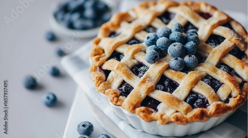 Blueberry pie on pastel light background with copy space, designed for Instagram post template. Food photography for baking recipes and dessert brand marketing.